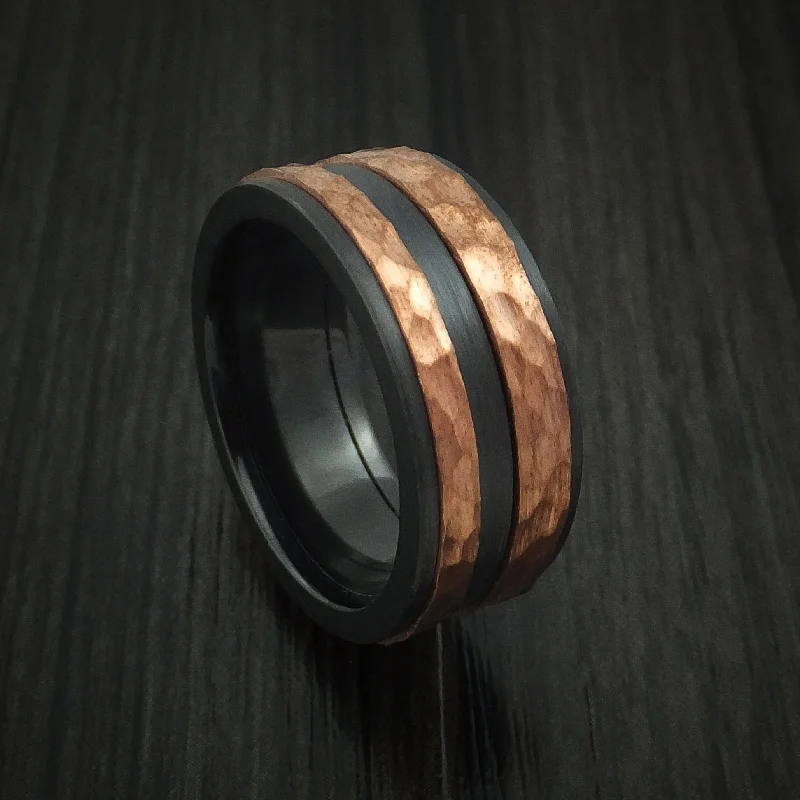 Black Zirconium Men's Ring with Raised Hammered Copper Inlays Custom Made Band