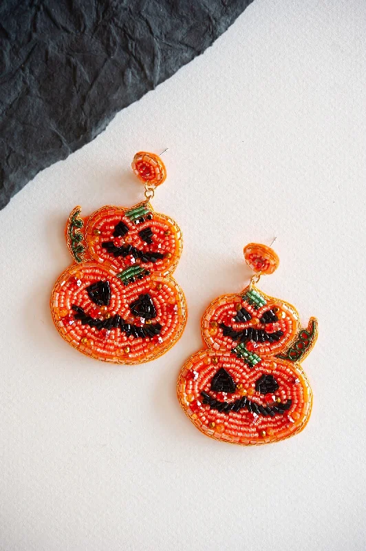 Coiled wire rings-Smooth stud earrings-Pumpkin Duo Halloween Dangle | Beaded Jack'O'Lantern Earring