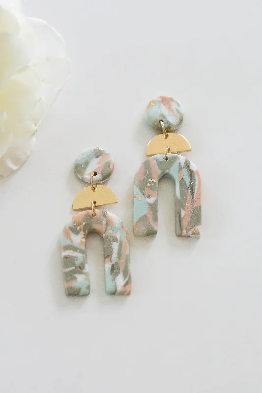 Alloy metal rings-Victorian style earrings-Shauna Pastel Clay Earrings | Art Deco Clay Arch Earrings | Mint and Blush Painted Clay