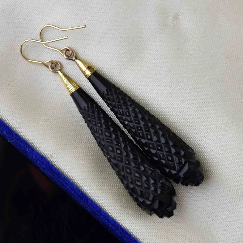 Glossy eternity rings-Loop knot earrings-Antique Victorian Gold Carved Whitby Jet Earrings