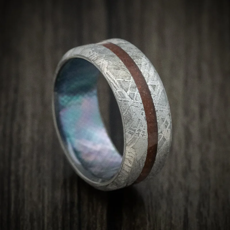 Gibeon Meteorite Ring with Dinosaur Bone Inlay and Abalone Shell Sleeve