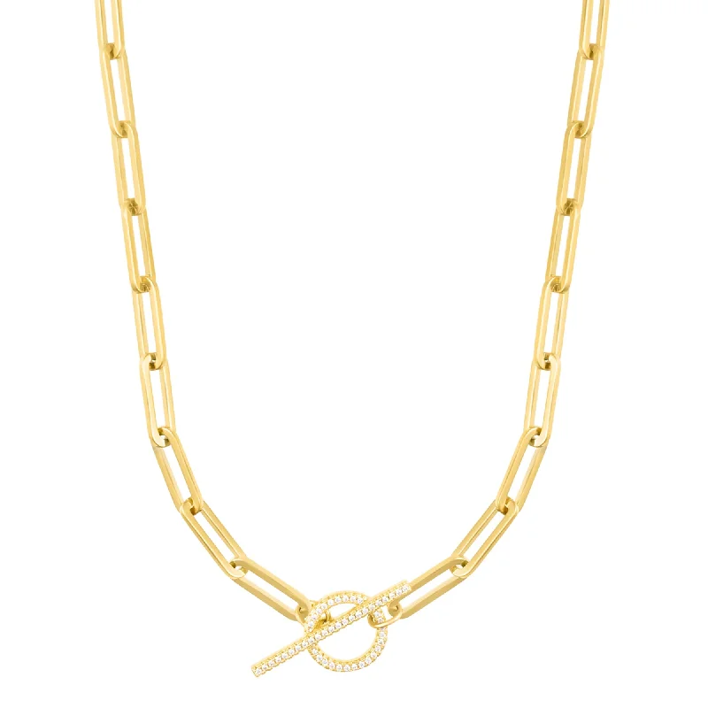 Heavy bib necklaces-14k Gold Plated Paperclip CZ Toggle Necklace