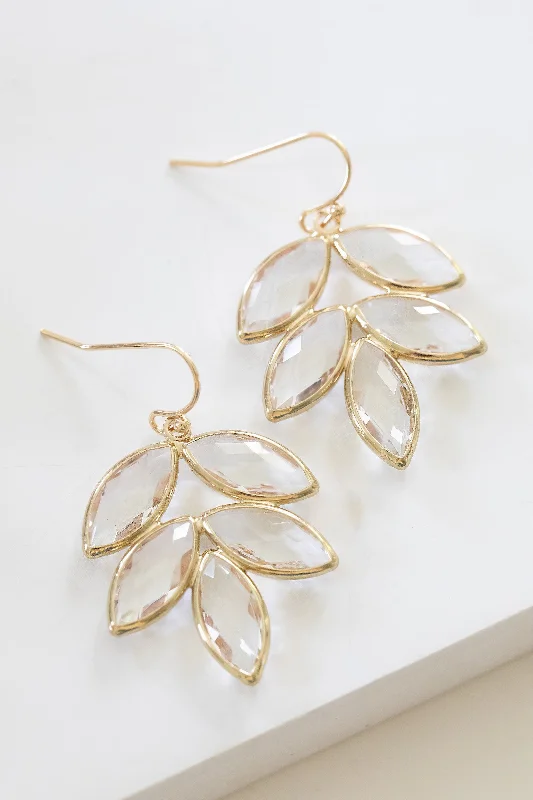 Heavy ring earrings-Polished bead earrings-Fern Clear Crystal Leaf Earrings | Everyday and Special Occasion Earrings | Wedding Season Accessories | Gold Setting with Clear Leaf Crystals