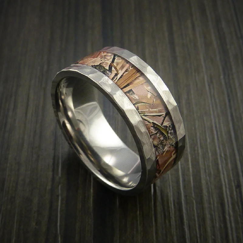 Hammered Titanium Men's Ring with Camo Inlay Custom Made Wedding Band