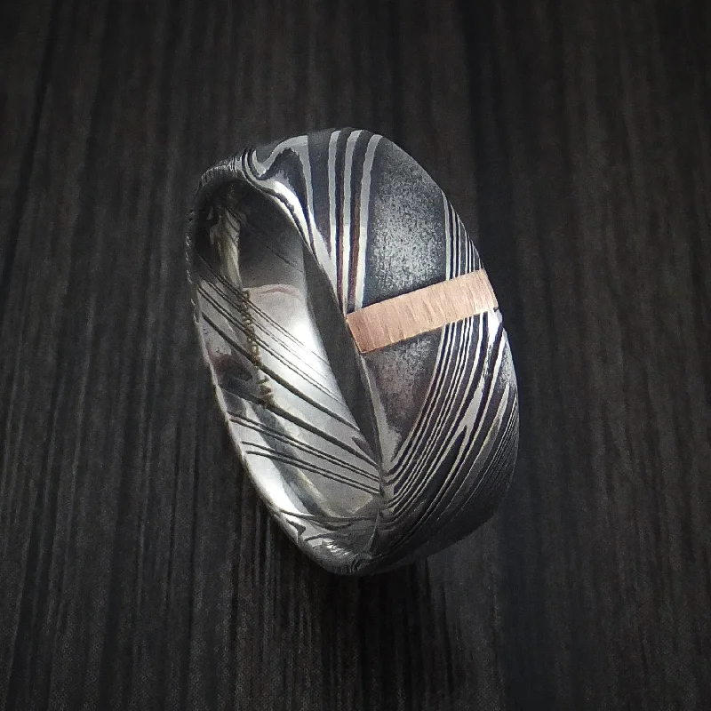 Kuro Damascus Steel Men's Ring with 14k Rose Gold Vertical Inlay Custom Made Band