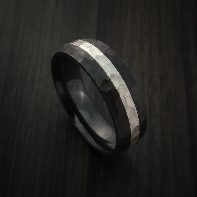 Black Zirconium Hammer Finish Band Palladium Silver Inlay Men's Ring