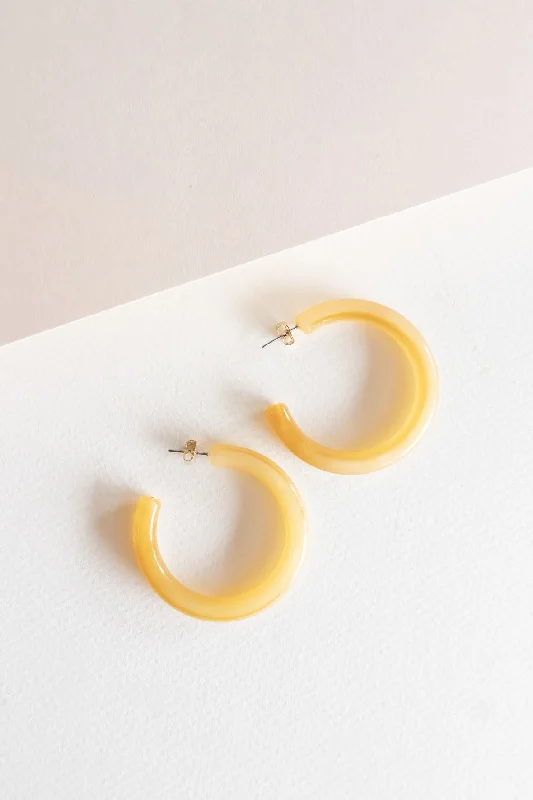 Vivid gem earrings-Overhand knot earrings-Amber Camel Lucite Hoop | Studded Retro Hoops