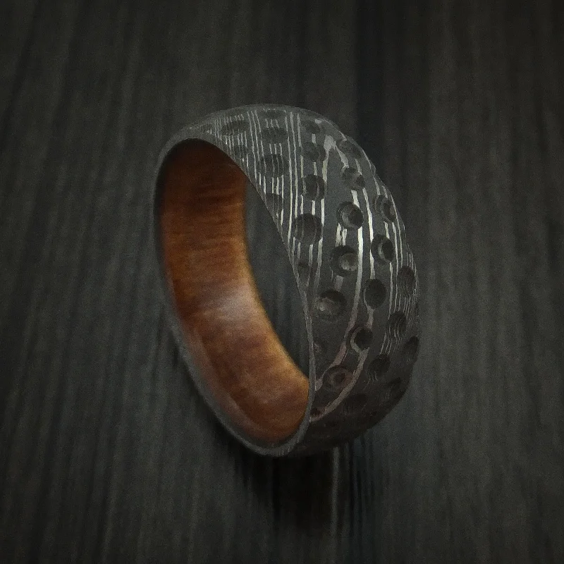 Damascus Steel Golf Ball Dimpled Men's Ring with Wood Sleeve Custom Made