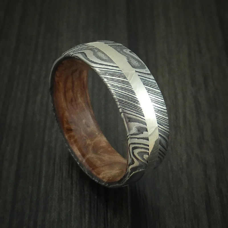 Kuro Damascus Steel Men's Ring with 14K White Gold Inlay and Maple Burl Hardwood Sleeve Custom Made Band