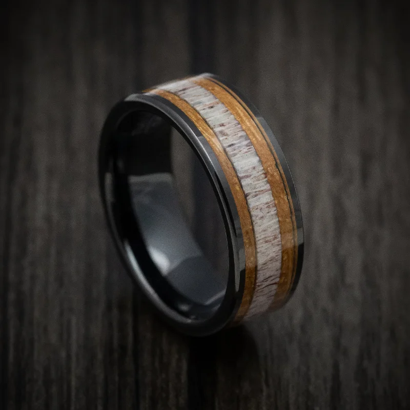 Black Tungsten Men's Ring with Whiskey Barrel Wood and Antler Inlays