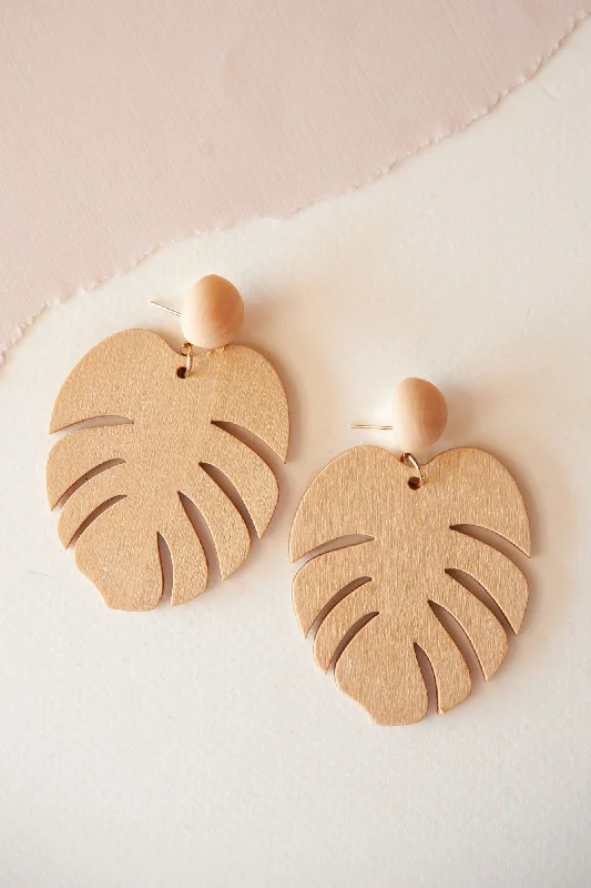 Cord edge rings-Wanderer weave earrings-Belle Light Wood Leaf Earring | Monstera Leaf Dangle Earring