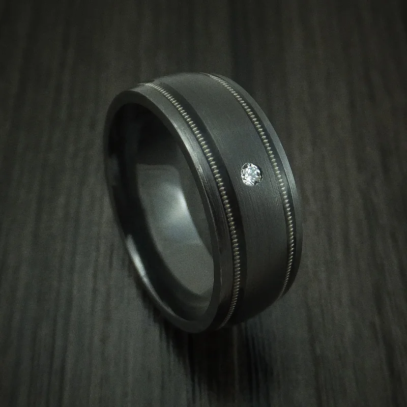 Black Titanium and Diamond Men's Ring with Guitar String Inlays Custom Made Band