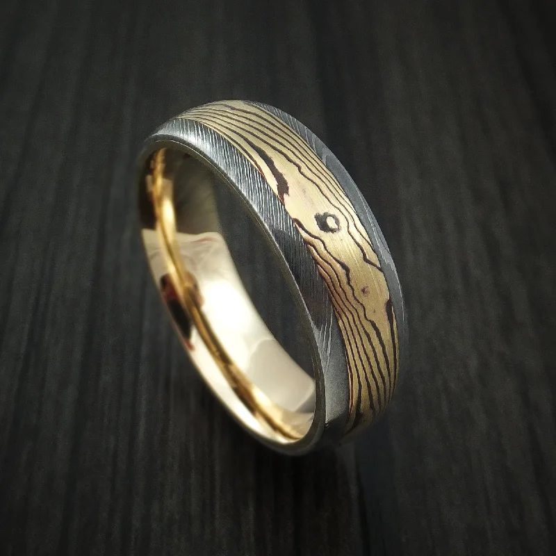 Damascus Steel Men's Ring with Yellow Gold Mokume and Yellow Gold Sleeve Custom Made Band