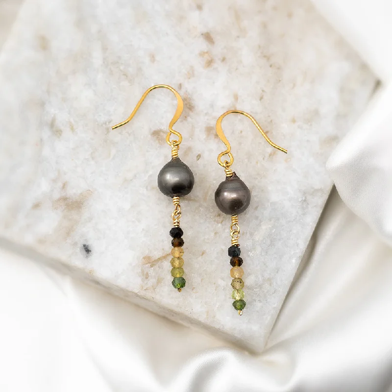 Fox wing earrings-Yarn tassel earrings-Tahitian Pearl and Tourmaline Earrings