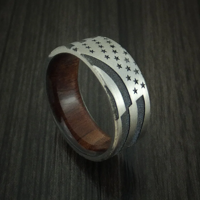 Titanium American Flag Custom Made United States Flag Men's Ring with Wood Sleeve