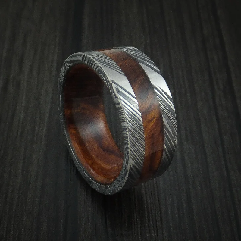 Kuro Damascus Steel Men's Ring with Desert Ironwood Burl Inlay and Sleeve Custom Made Thick Band