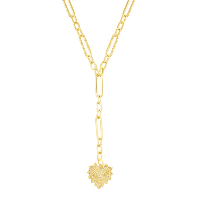 Cedar wood necklaces-14k Gold Plated CZ Jagged Heart Mixed Link Y-Necklace