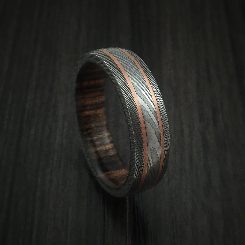 Damascus Steel Men's Ring with 14k Rose Gold Inlays and Hardwood Sleeve