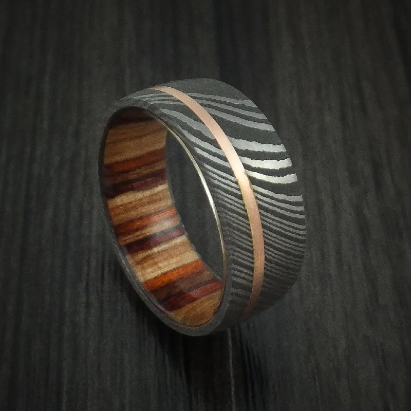 Damascus Steel and 14k Rose Gold Men's Ring with Hazelnut Hardwood Sleeve Custom Made Band