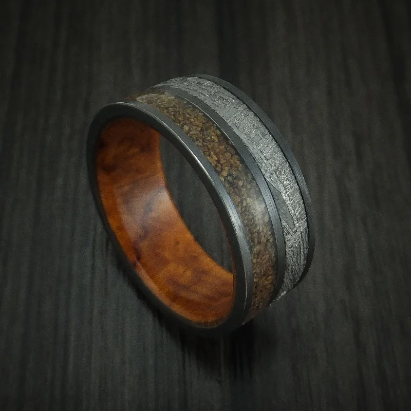 Black Zirconium Tan Dinosaur Bone and Gibeon Meteorite Men's Ring with Desert Ironwood Burl Wood Sleeve Custom Made Fossil Band