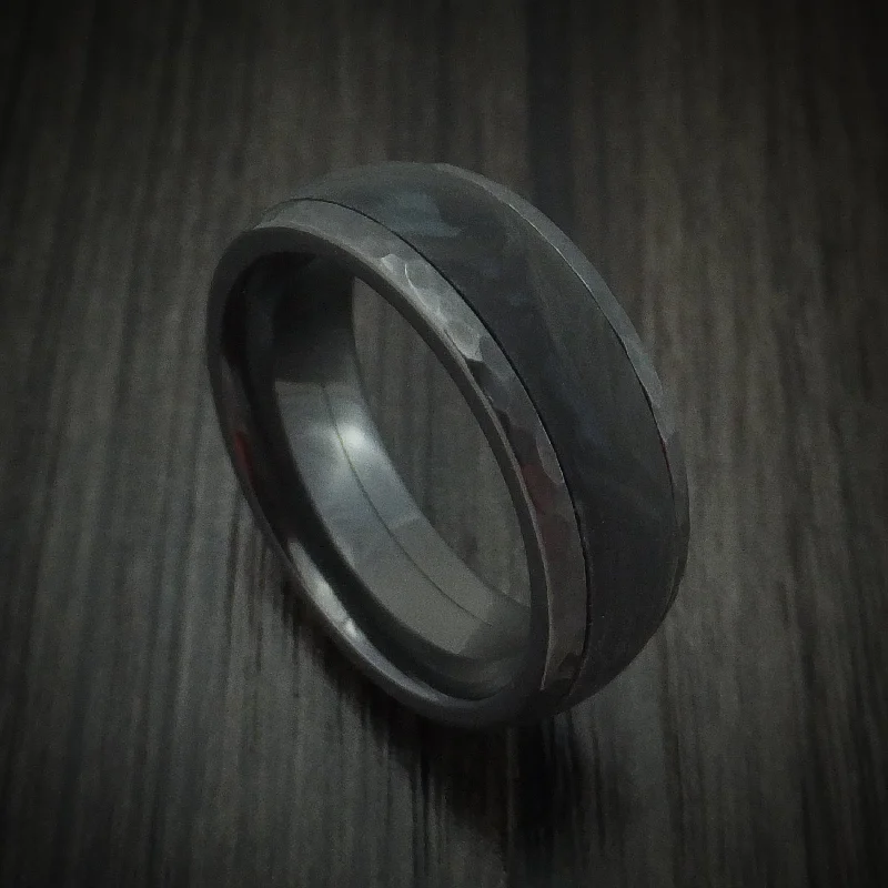 Black Zirconium Hammered Men's Ring with Forged Carbon Fiber Inlay Band