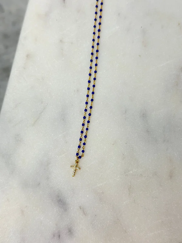 Leaf design necklaces-Necklace - Tiny Pave Cross on Lapis & Gold Necklace