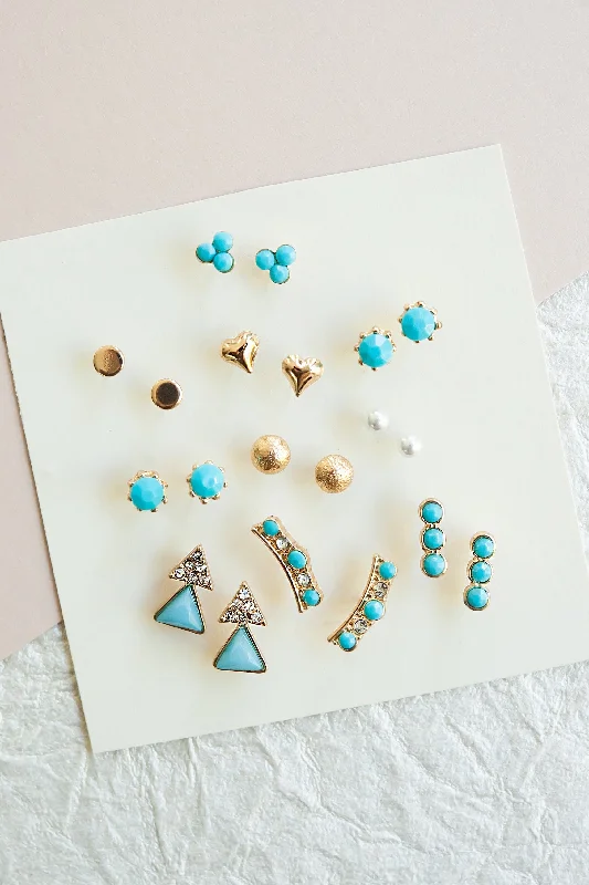 Smooth shank rings-Thick statement earrings-Jasmine Turquoise Stud Earring Set | Mix and Match Layering Studs | Gold Turquoise and Pearl Details