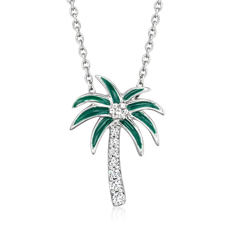 Sleek name necklaces-Ross-Simons Diamond and Green Enamel Palm Tree Pendant Necklace in Sterling Silver