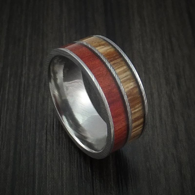 Damascus Steel Men's Ring with Teak and Red Heart Hardwood Inlays Custom Made Band