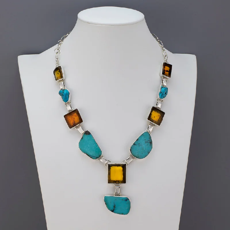 Overhand knot necklaces-Amber and Turquoise Y Necklace