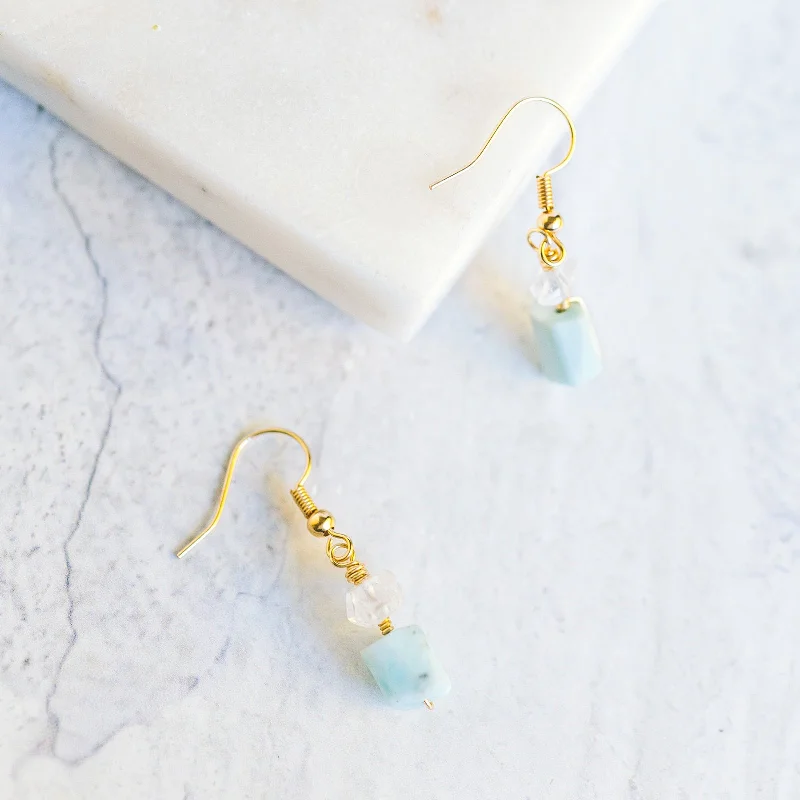 Bead weave earrings-Light clay earrings-Wire Wrapped Crystal Earrings - Aquamarine and Herkimer Diamond