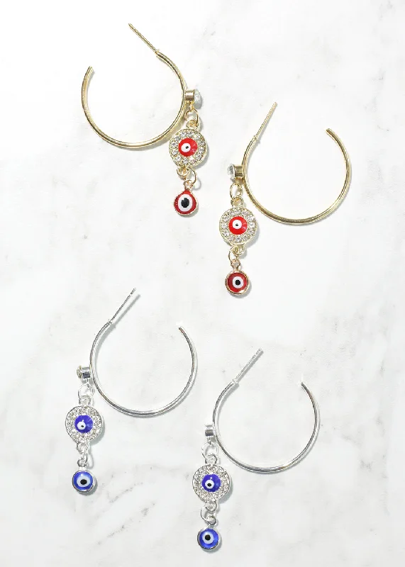 Solid bar earrings-Heavy hoop earrings-Evil Eye Dangle Charm Hoop Earrings