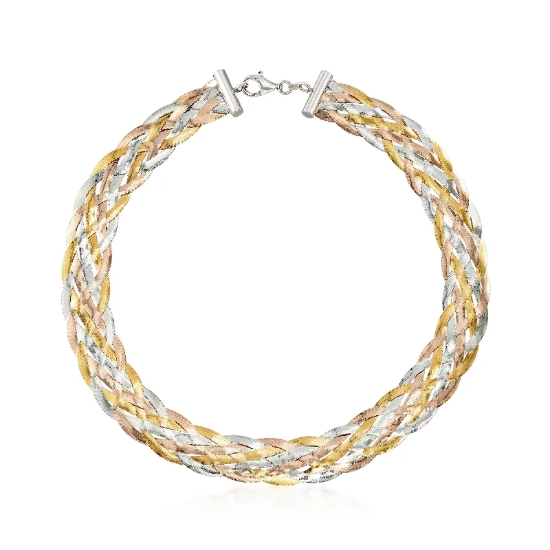 Bold art necklaces-Ross-Simons Italian Tri-Colored Sterling Silver Braided Herringbone Collar Necklace