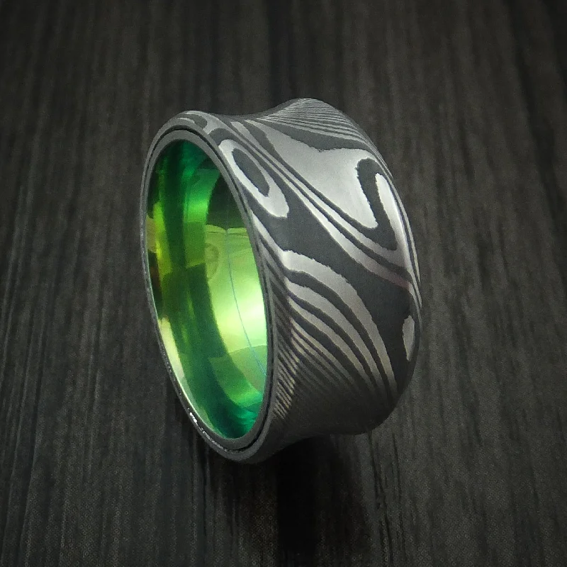 Damascus Steel Concave Men's Ring with Green Anodized Titanium Sleeve Custom Made Band