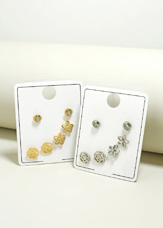 Stacked drop earrings-Smooth stud earrings-3-Pair Flower & Rose Stud Earrings