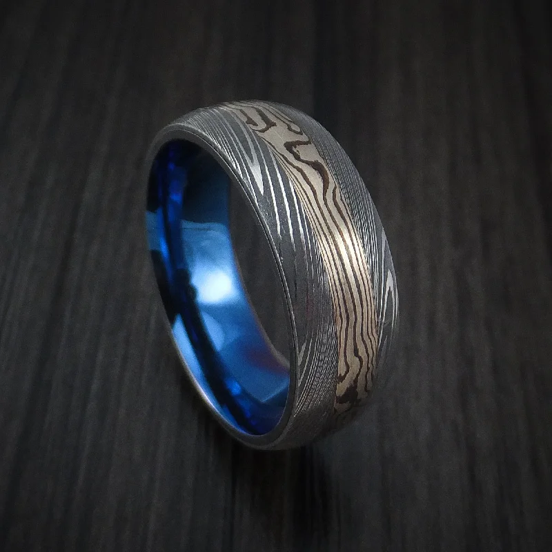 Damascus Steel and White Gold Mokume Shakudo Men's Ring with Anodized Titanium Sleeve Custom Made