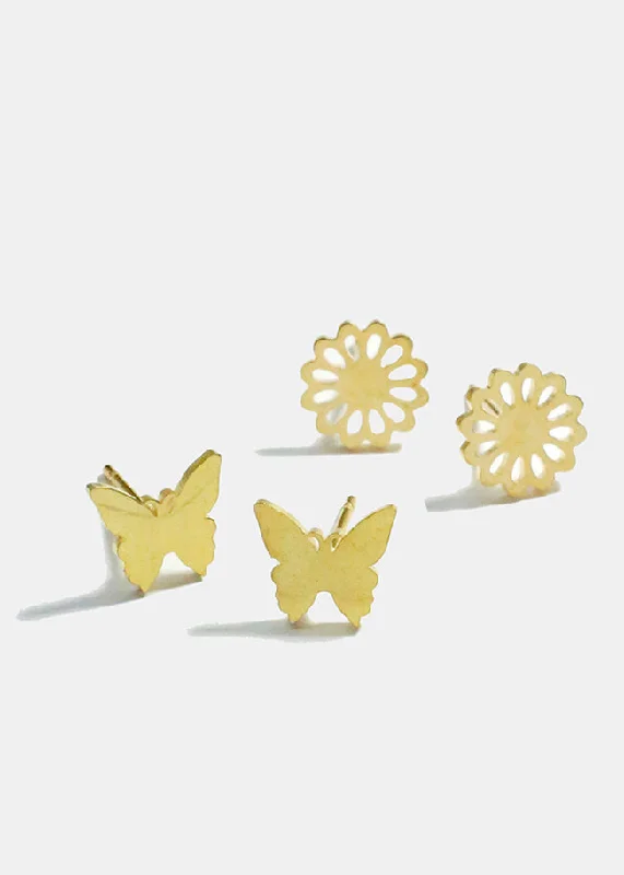 Loop band rings-Glossy stud earrings-Flower and Butterfly Stud Earrings