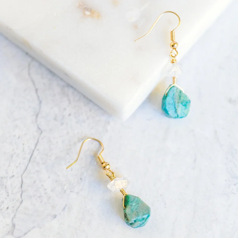 Gem-woven earrings-Sea motif earrings-Wire Wrapped Crystal Earrings - Chrysocolla and Herkimer Diamond