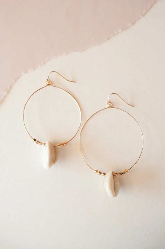 Thin stack rings-Light wood earrings-Billy Gold Hoop Dangle | Shell Detailed Hoop Earring