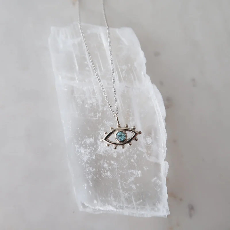 Turquoise stone necklaces-Blue Zircon Beholder Necklace in White Gold