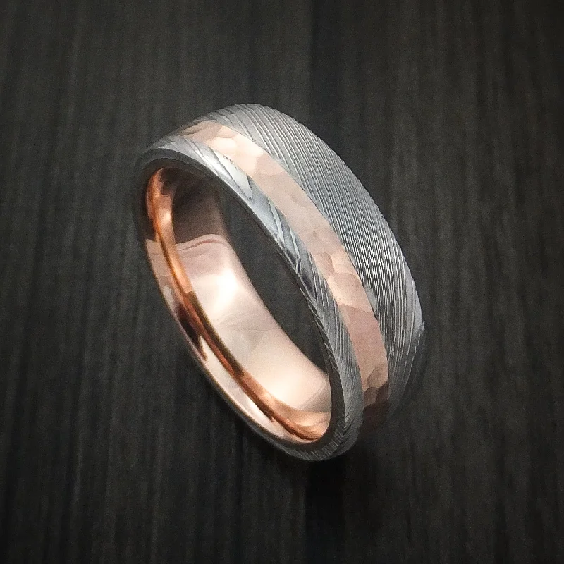 Damascus Steel Men's Ring with 14K Rose Gold Hammered Inlay and Gold Sleeve Custom Made Band