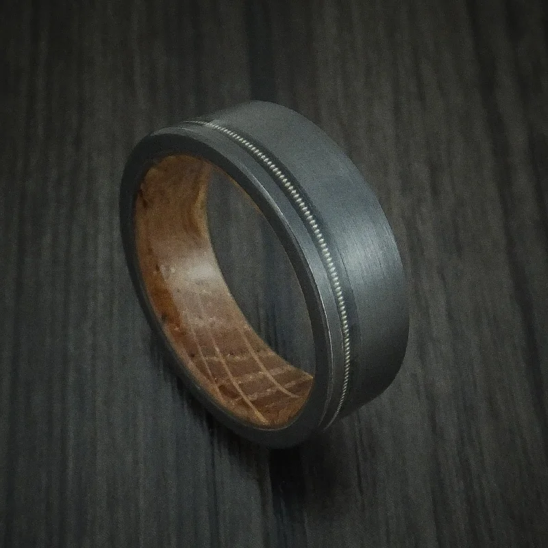 Black Titanium Guitar String Men's Ring with Whiskey Barrel Hardwood Sleeve Custom Made Band