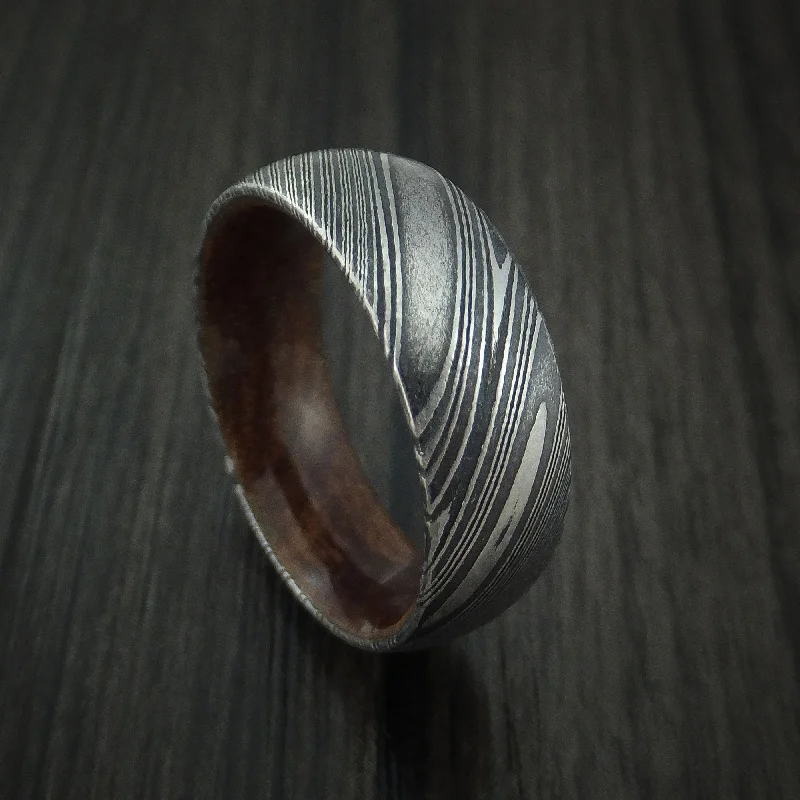 Kuro Damascus Steel Men's Ring with Hardwood Sleeve Custom Made Wood Band