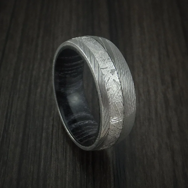 Damascus Steel Men's Ring with Gibeon Meteorite and Hardwood Sleeve Custom Made Band