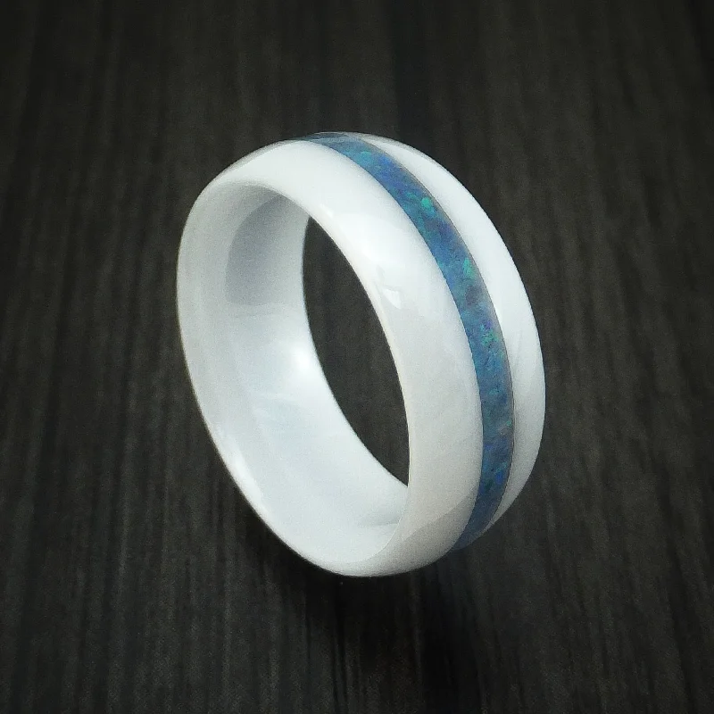 White Ceramic Men's Ring With Opal Inlay Custom Made Band