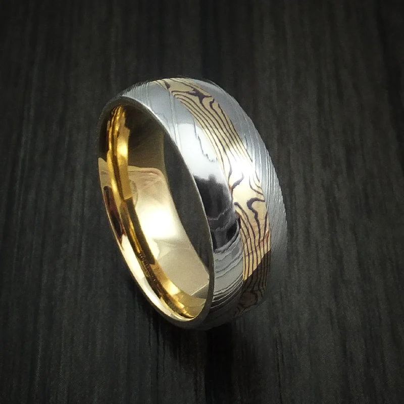 Damascus Steel Men's Ring with 18K Yellow Gold Mokume and 18K Yellow Gold Sleeve Custom Made Band