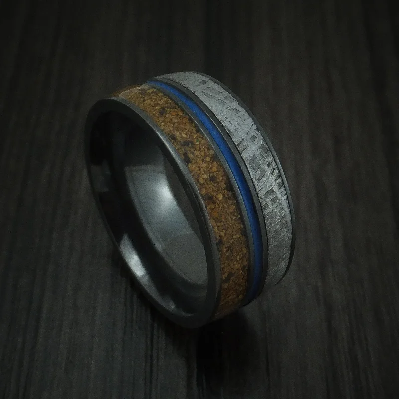 Black Zirconium Mixed Dinosaur Bone And Gibeon Meteorite Men's Ring With Cerakote Inlay Custom Made Fossil Band