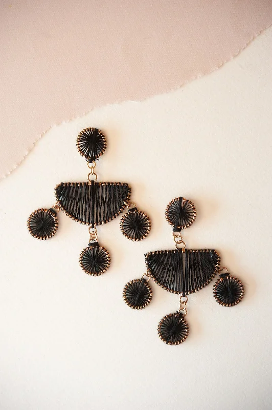 Glossy band rings-Bead weave earrings-Baylee Threaded Geometric Dangle | Black and Gold Whipstitched Earring