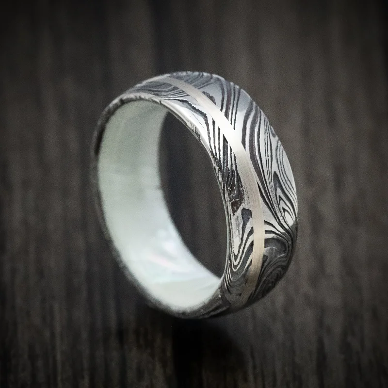 Marble Damascus Steel Men's Ring with White Mother of Pearl Sleeve and Gold Inlay Custom Made Band