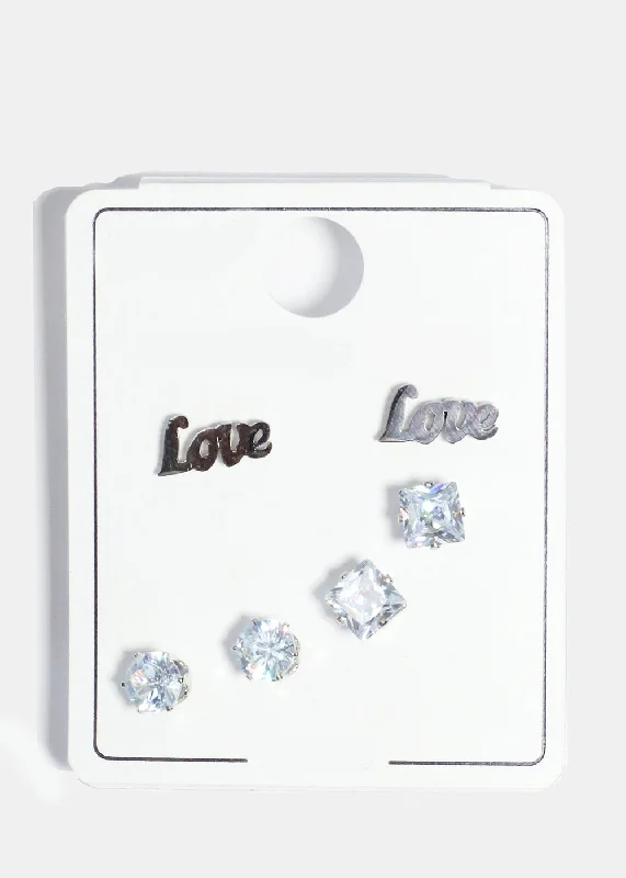 Shiny crystal rings-Shiny star earrings-3 Pair "LOVE" & Rhinestone Stud Earrings